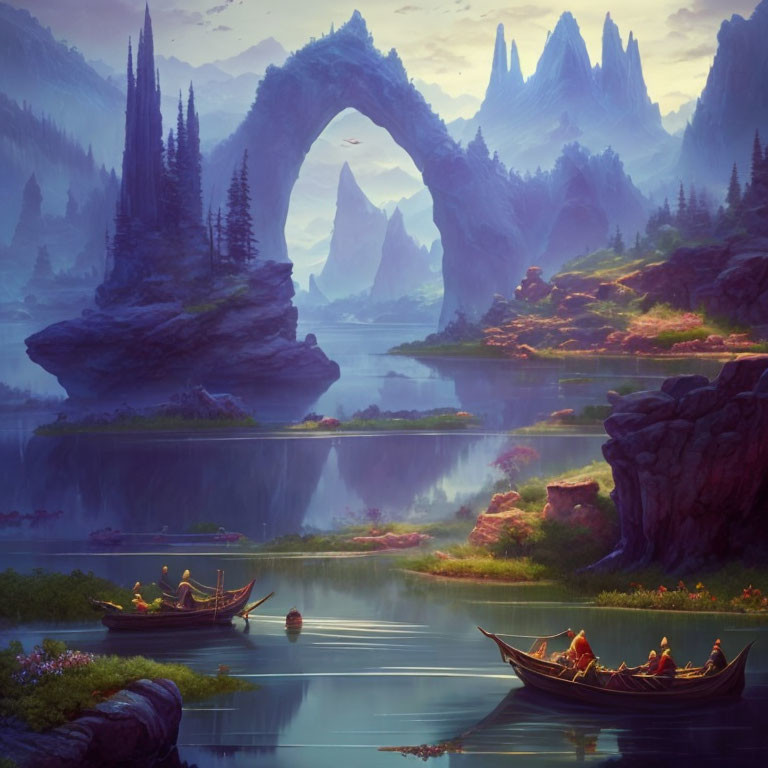 Boats on calm river with lush mountains and arch bridge