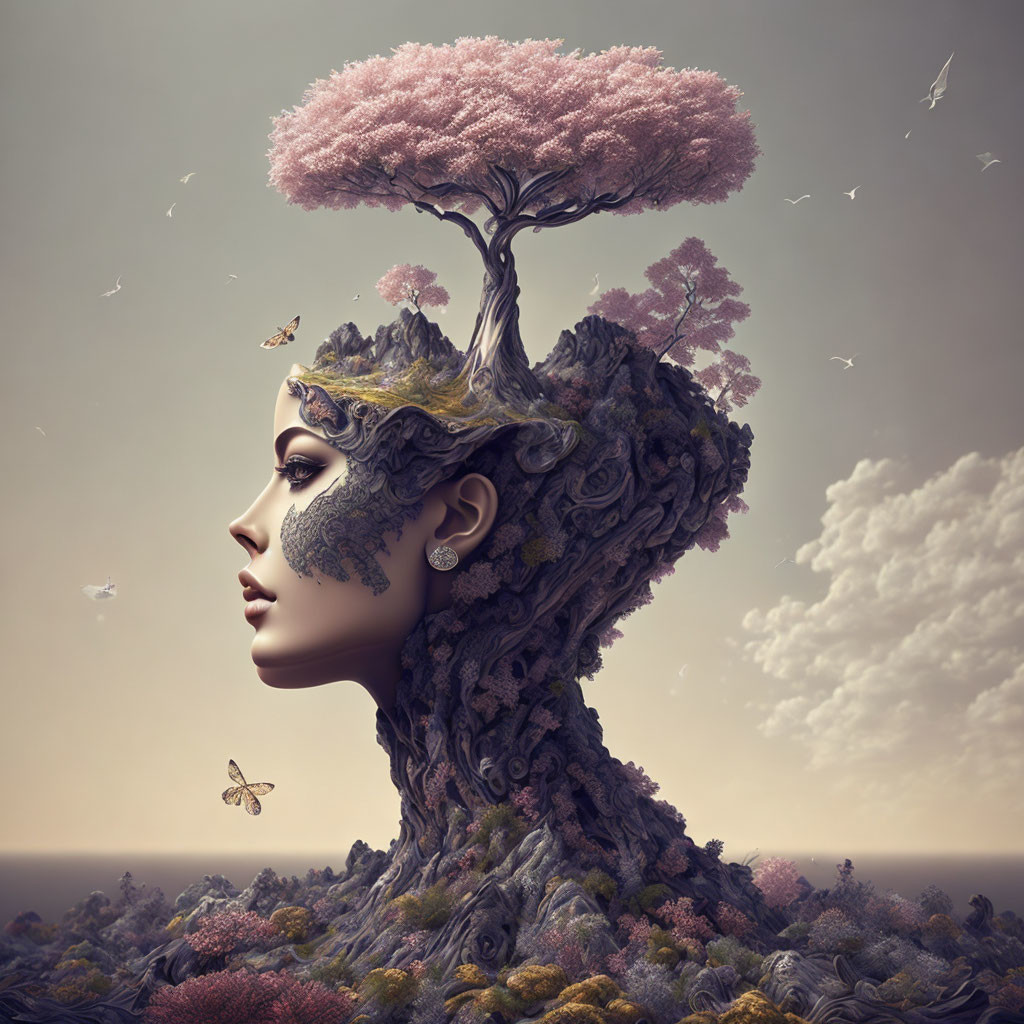 Surreal artwork: woman profile with tree, birds, butterflies, cloudy sky