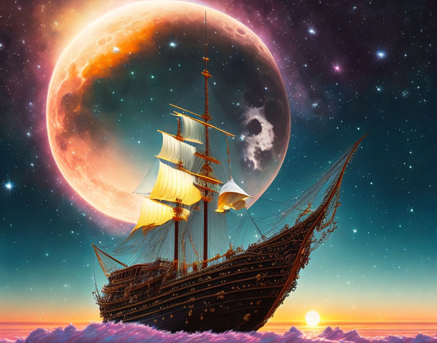 Surreal moonrise with ship sailing above clouds