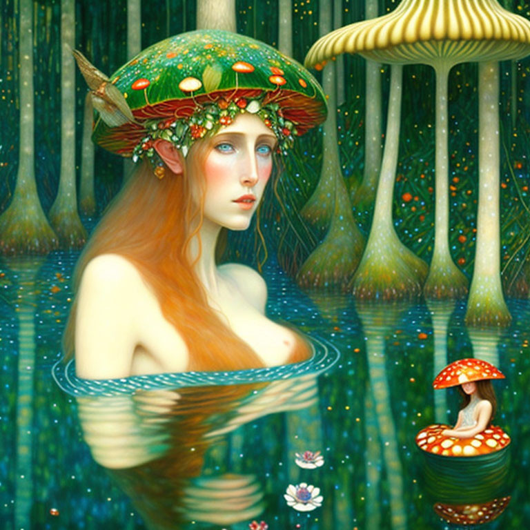 Mystical forest scene with ethereal figure and mushroom cap hat