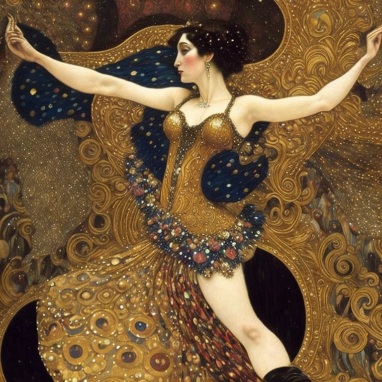 Woman with Peacock Feather Wings in Art Nouveau Style