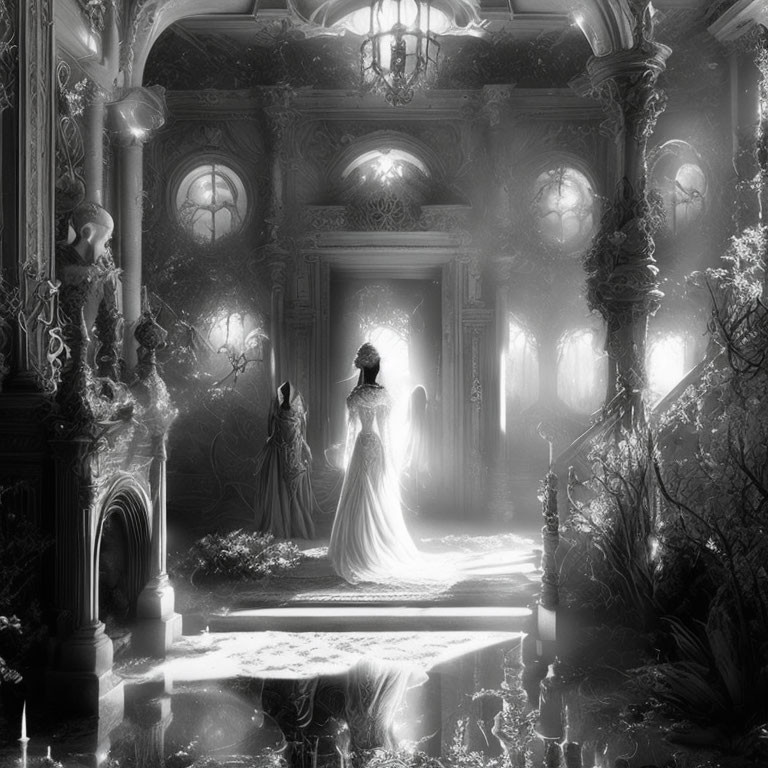 Monochromatic image: Person in long dress in mystical room with pillars and foliage.