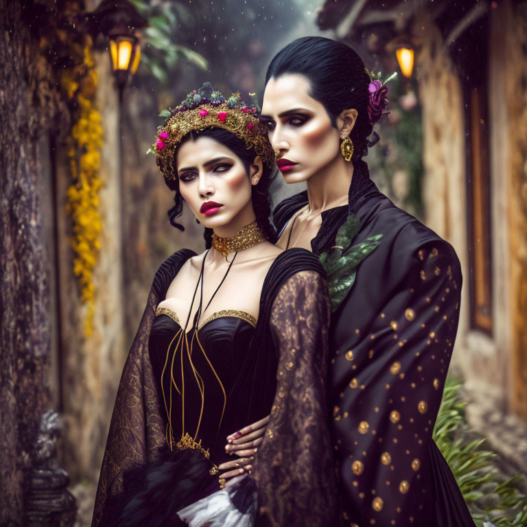 Two Women in Elegant Gothic Attire with Elaborate Makeup in Vintage Setting