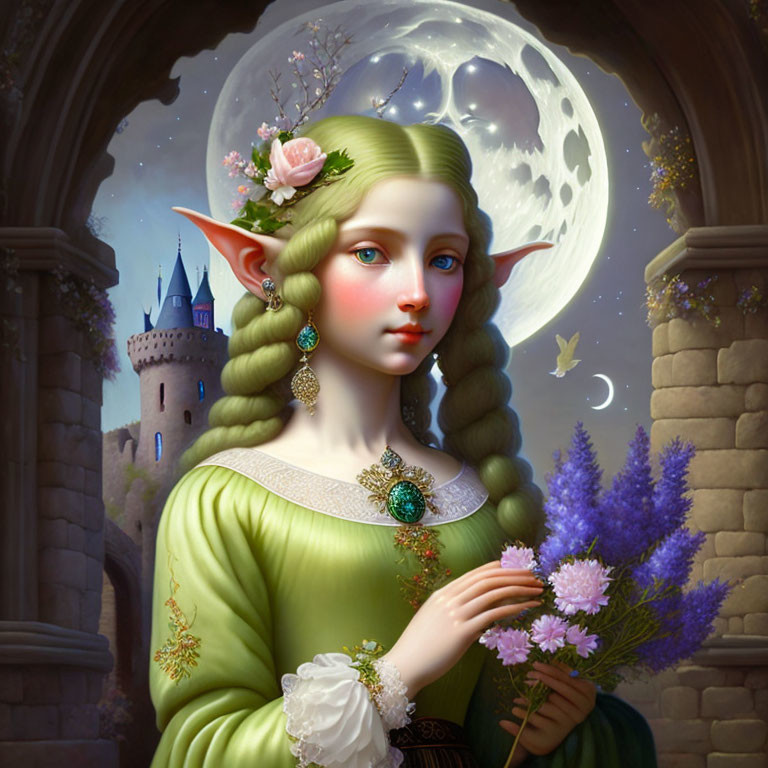 Green-eyed elf with flowers, castle, and full moon.