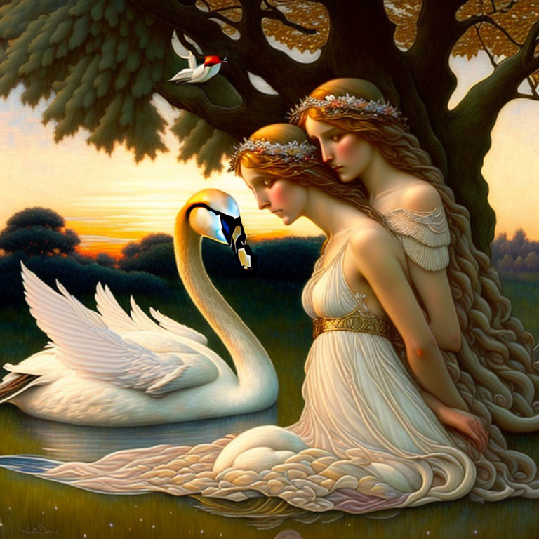 Ethereal women with braided hair and wreaths beside a swan under a tree at sunset