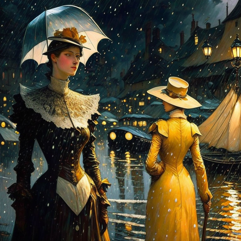 Elegantly dressed women with umbrellas on rainy cobblestone street at night