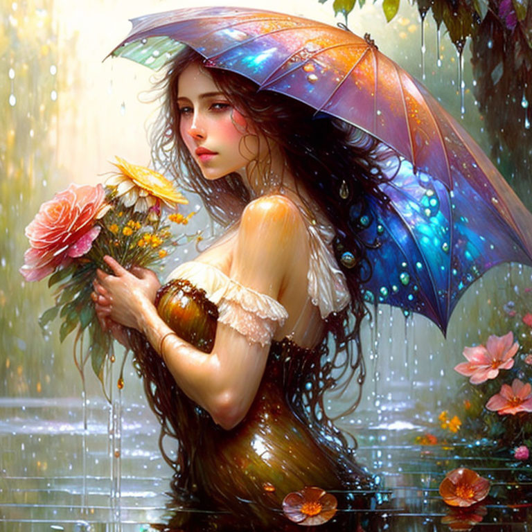 Woman with flowing hair holding colorful umbrella in rain shower.