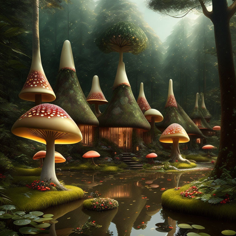 Enchanting forest with oversized mushroom-shaped houses & serene pond