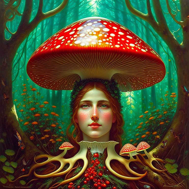 Fantastical portrait of woman with red mushroom hat in mystical forest