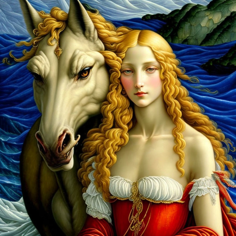 Surreal portrait of woman with golden hair and red dress fused with white horse in blue wave and