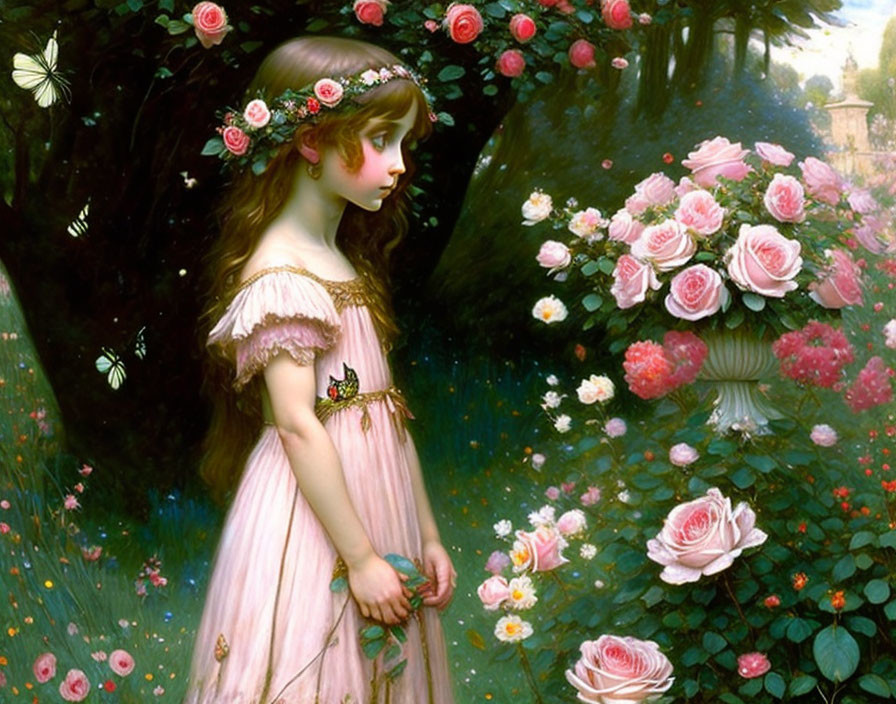 Young girl in pink dress with floral wreath in lush garden admiring roses.