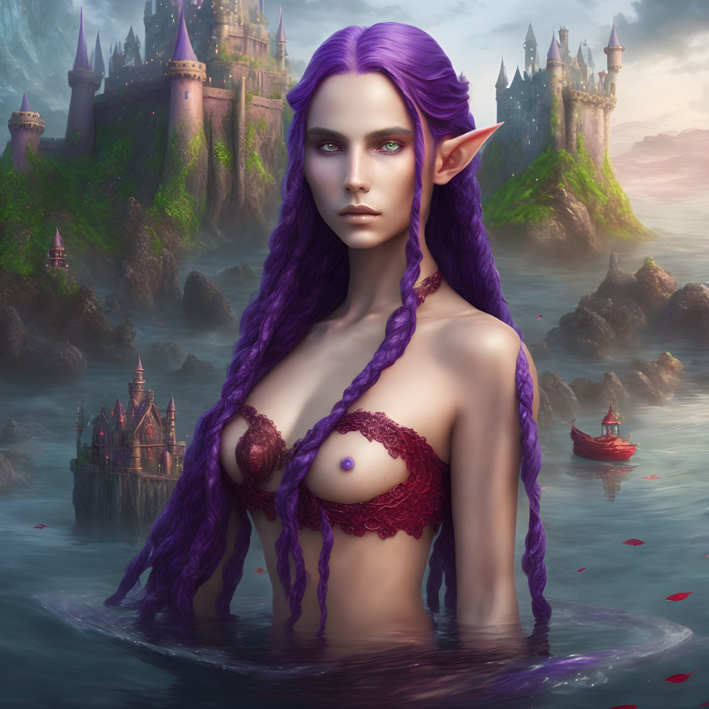 Fantasy portrait of female elf with purple hair and red top in misty background