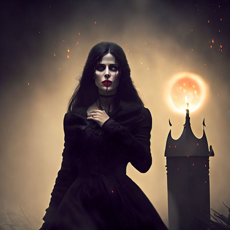 Gothic woman with dark makeup by lantern in mysterious scene