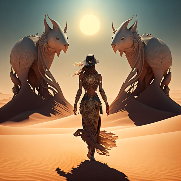 Person in Wide-Brimmed Hat Stands by Ornate Horse Sculptures in Desert Sundown