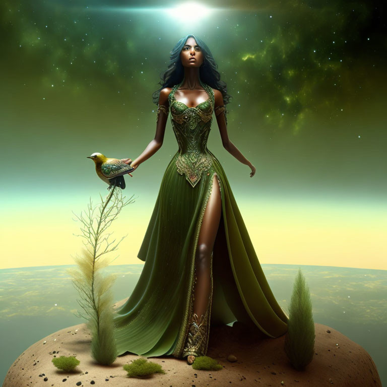 Digital artwork of woman in green gown with bird in space