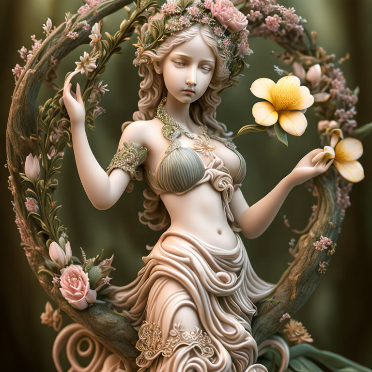 Floral-themed woman sculpture with wreath - Mythical ambiance