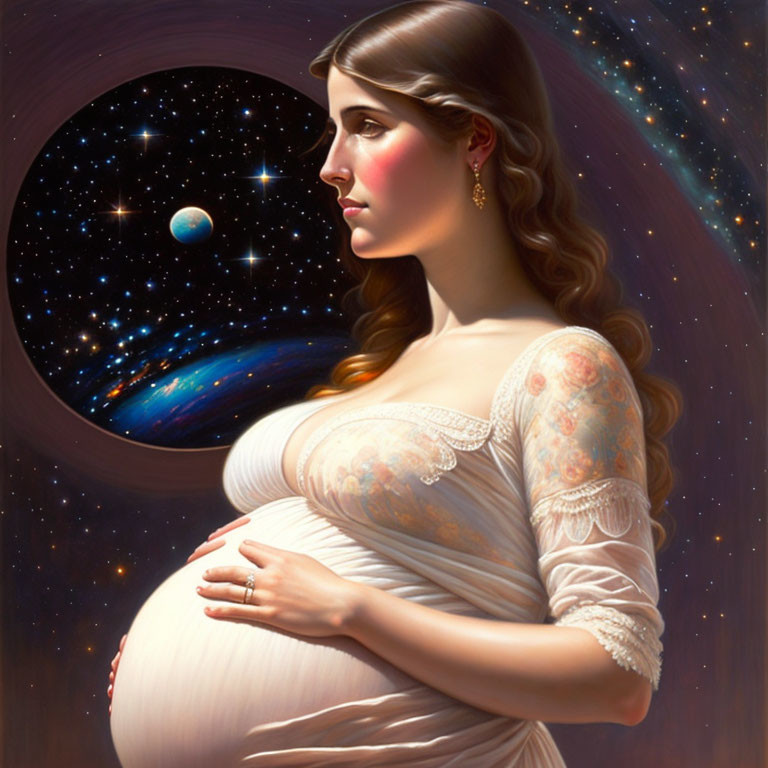 Pregnant woman in white dress with celestial backdrop