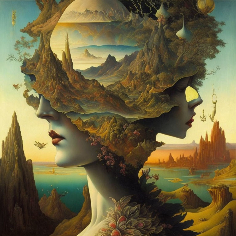 Surreal artwork: Two merging faces with landscape elements