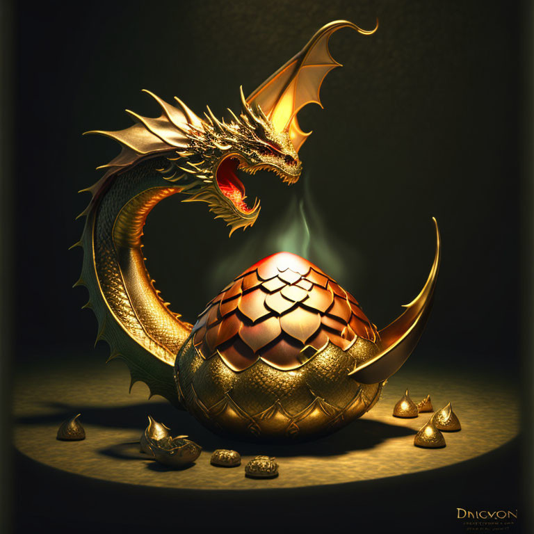 Golden dragon guarding egg with treasures on dark background