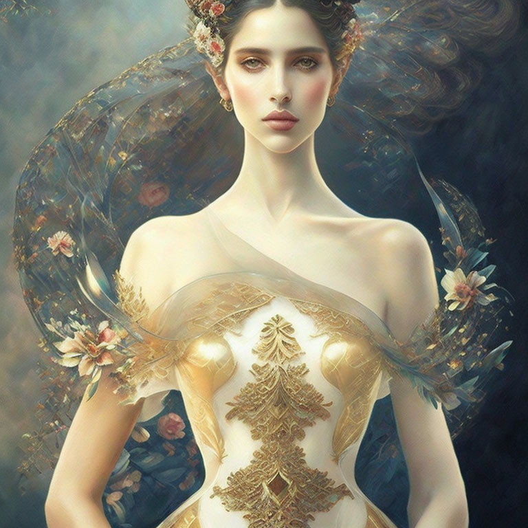 Ethereal woman in ornate dress with gold accents and floral halo