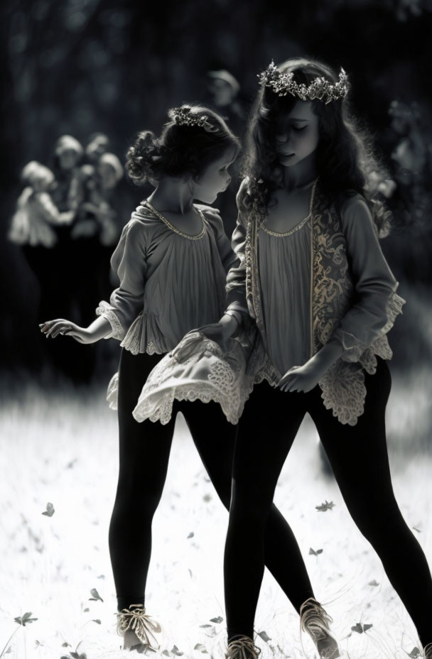 Young girls in vintage dresses holding hands in dreamy forest with flower crowns