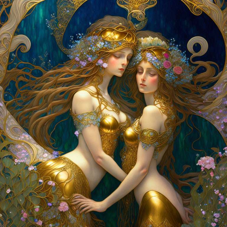 Ethereal women in golden attire with intricate headdresses among blue swirls and pink blossoms