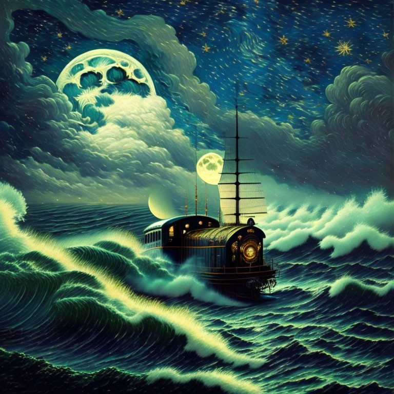 Fantastical steamship navigating stormy seas under starry sky