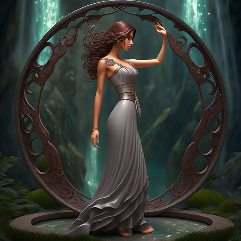 Animated woman in flowing grey dress before ornate circular frame with mystical forest and waterfalls.