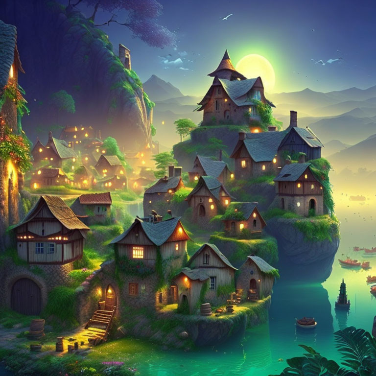 Tranquil fantasy village on lush green hills by calm sea