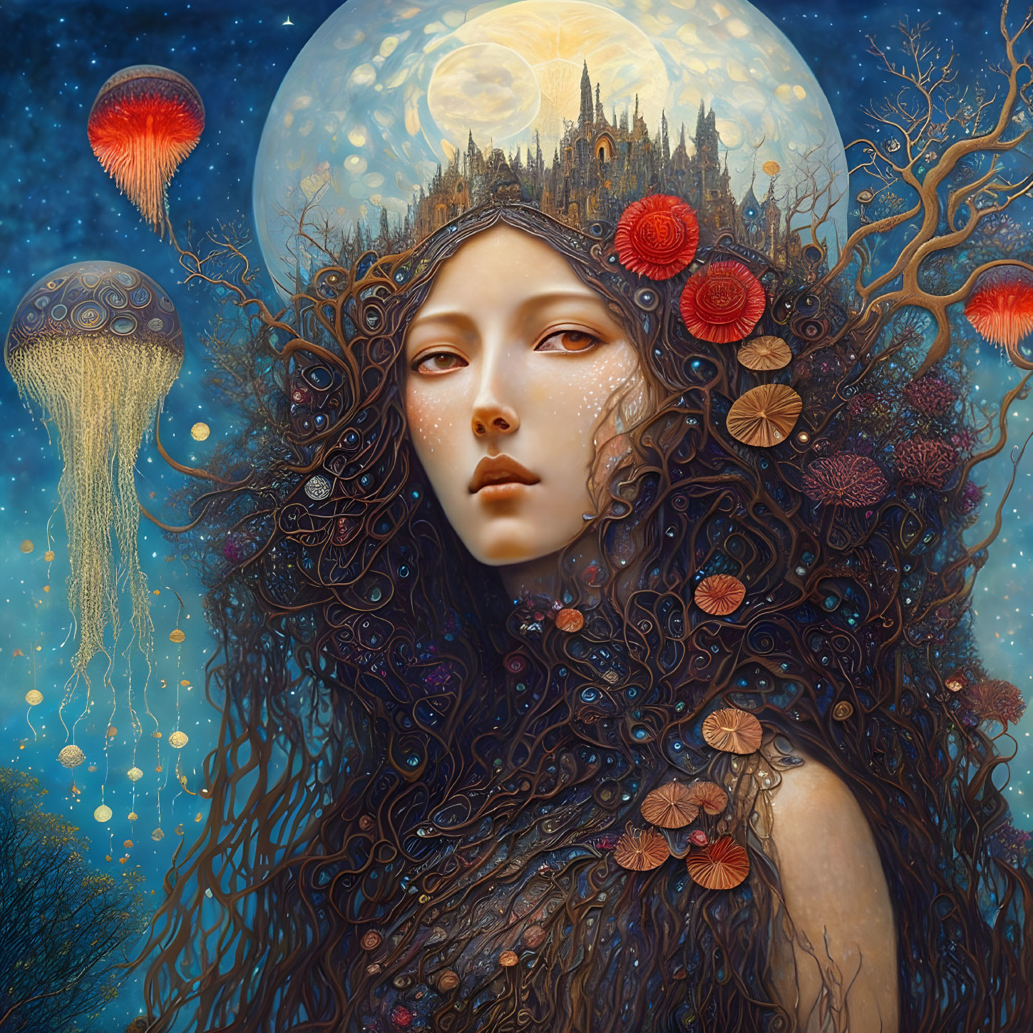 Surreal portrait of woman with long hair, serene expression, jellyfish-like creatures, colorful designs