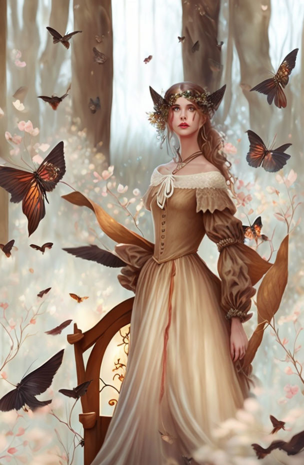Woman in vintage dress in mystical forest with fluttering butterflies