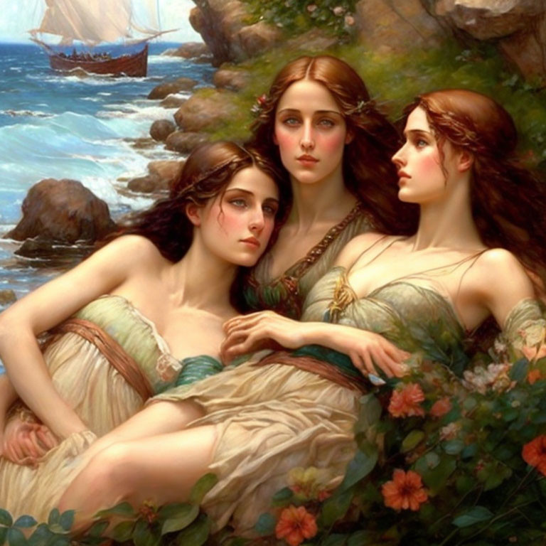 Three serene women by the sea with sailboat and flowers