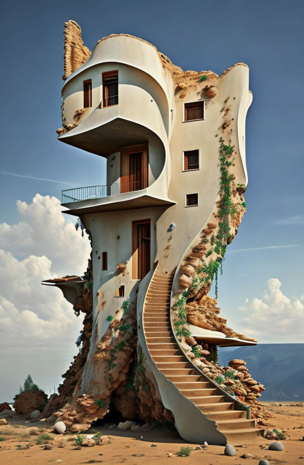 Unique multistory building with snail-shell design in desert landscape