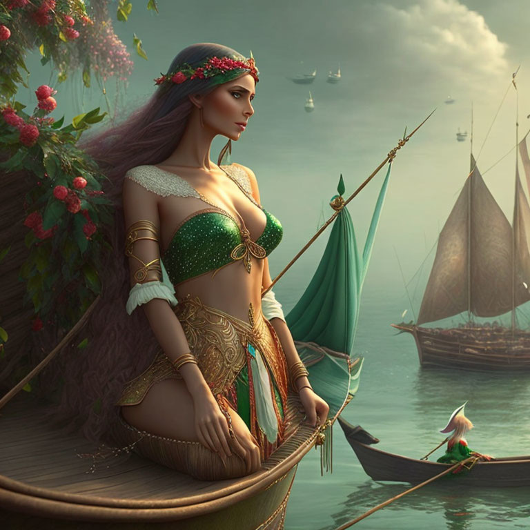 Fantasy female archer in ornate clothing on a boat with ships and frog companion