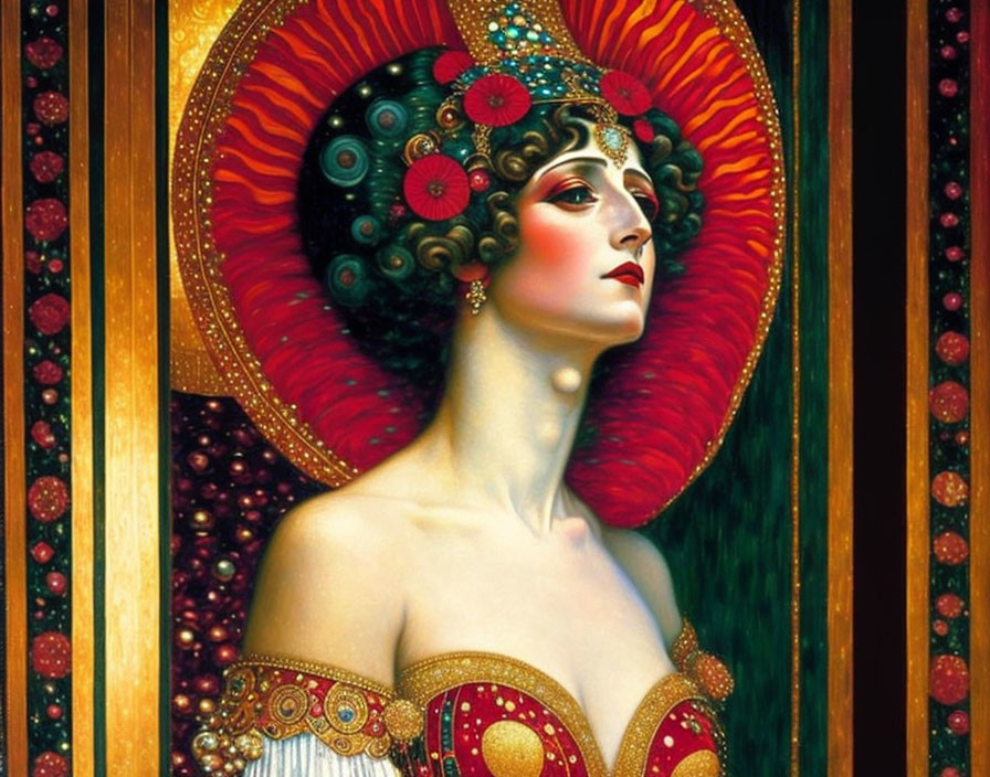 Stylized portrait of woman with ornate headdress and vibrant backdrop