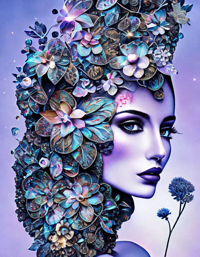 Digital art portrait: Woman with violet skin and ornate headdress