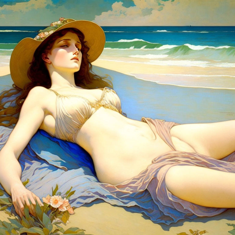 Woman reclining on beach with straw hat, serene ocean & clear sky