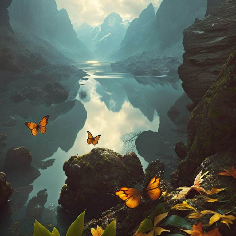 Tranquil mountain lake with cliffs, butterflies, autumn leaves, and peak reflection