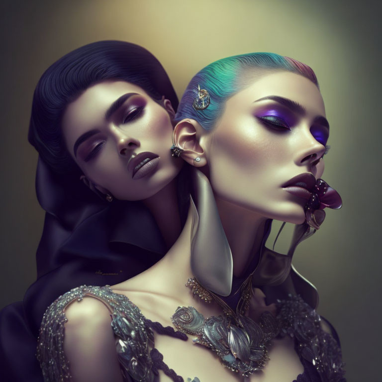 Two women with stylized makeup and hair in intimate pose