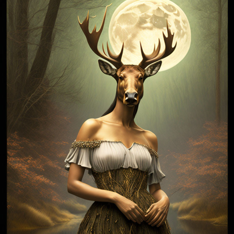 Surreal artwork: Female figure with deer head in misty forest at full moon