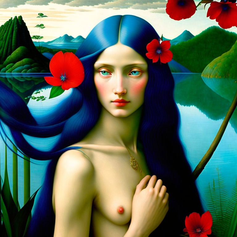 Surreal portrait: Woman with blue hair and red flowers on green background