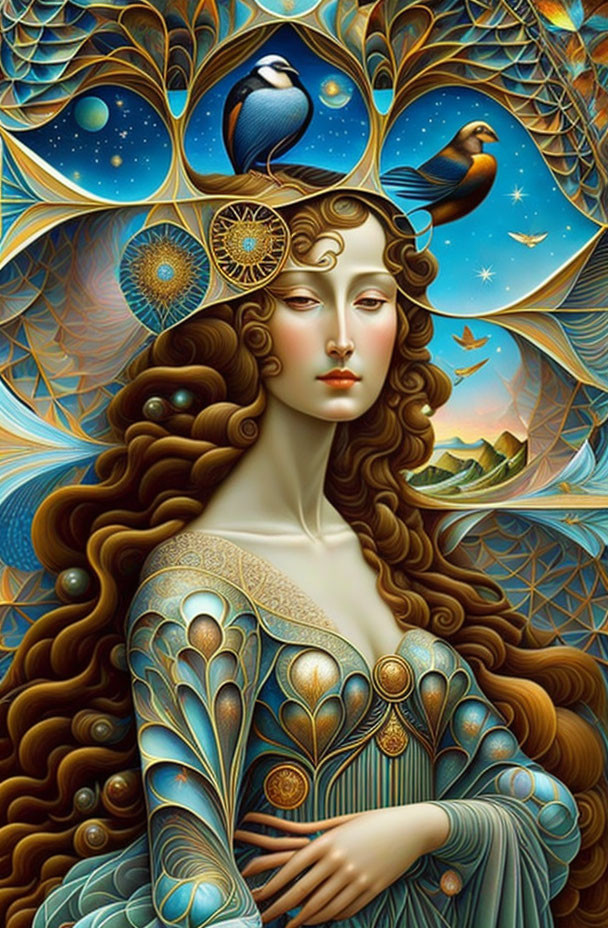 Stylized portrait of a woman with celestial and avian motifs