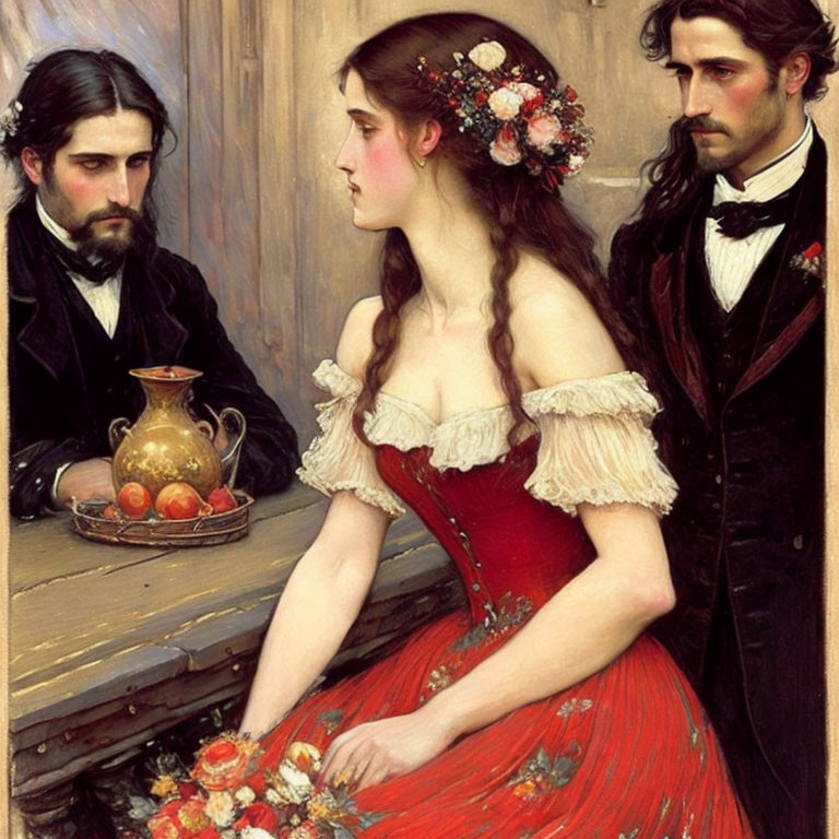 Portrait of woman in red dress with floral wreath, seated between two men in formal attire