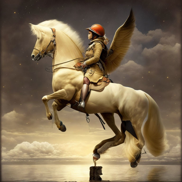 Vintage pilot attire person riding winged horse in cloudy dusk sky