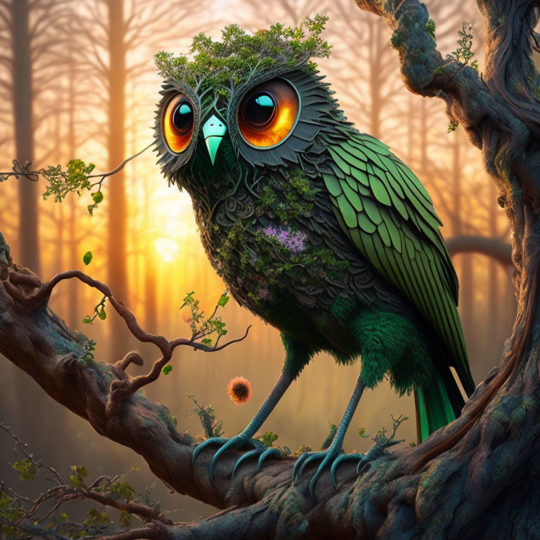 Colorful owl on leafy branch in enchanted forest at sunset