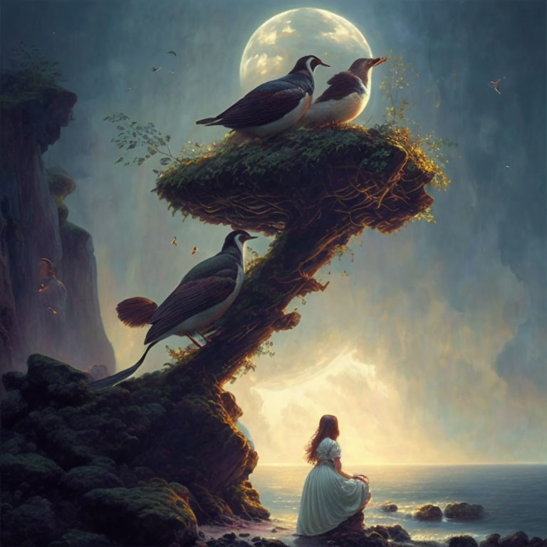 Woman sitting under tree by rocky shore with oversized moon and large birds in surreal twilight scene