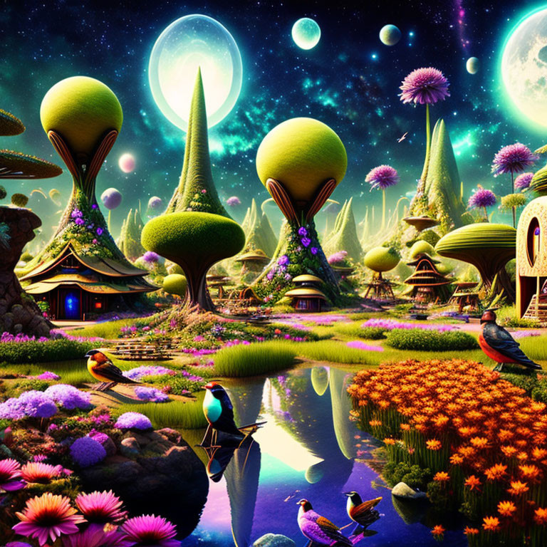 Colorful Mushroom Houses in Enchanting Celestial Landscape