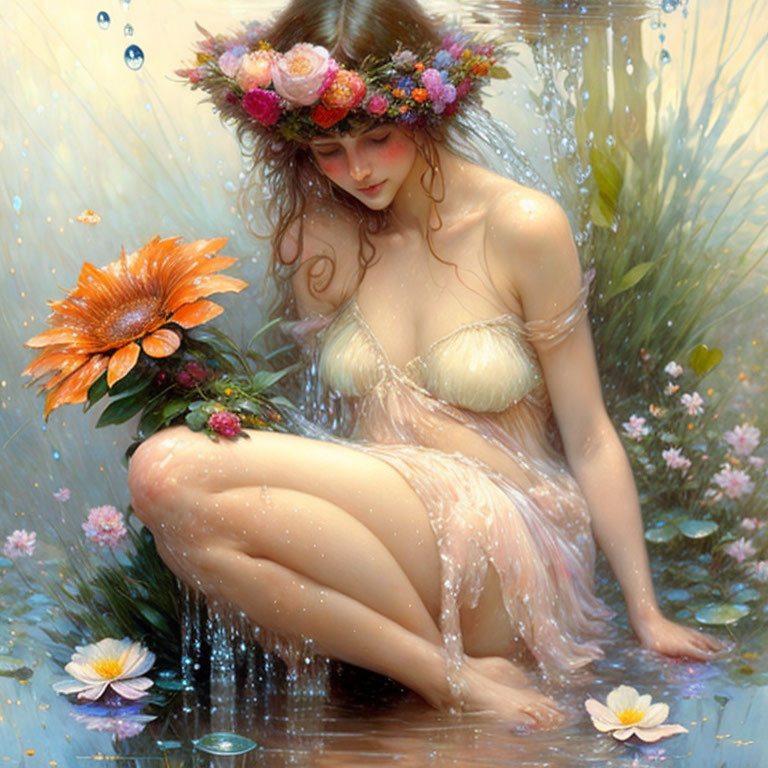 Woman with floral wreath sitting in water surrounded by flowers