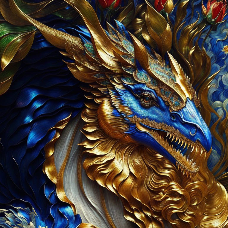 Illustration of mythical creature with blue scales, golden mane, horned dragon head, surrounded by floral