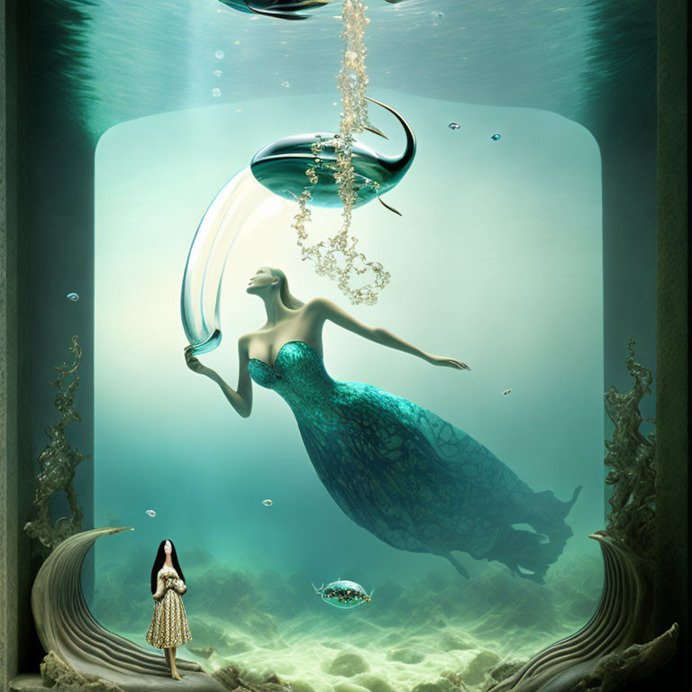 Surreal aquatic scene with large mermaid-like figure and human onlooker